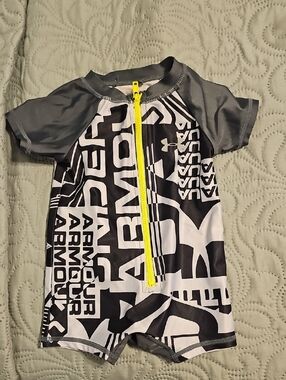 Under Armour Black, White & Gray Zip-Front Kids One Piece Swim Romper w/UPF